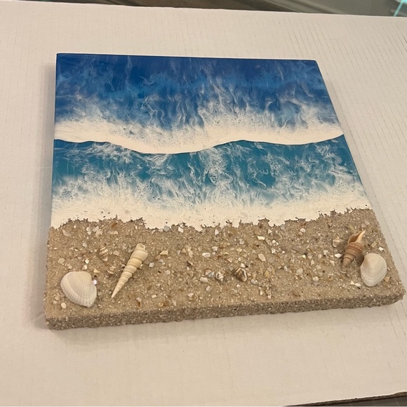 Resin textured ocean wall art 12 x 12 on wood - Picture 3 of 6